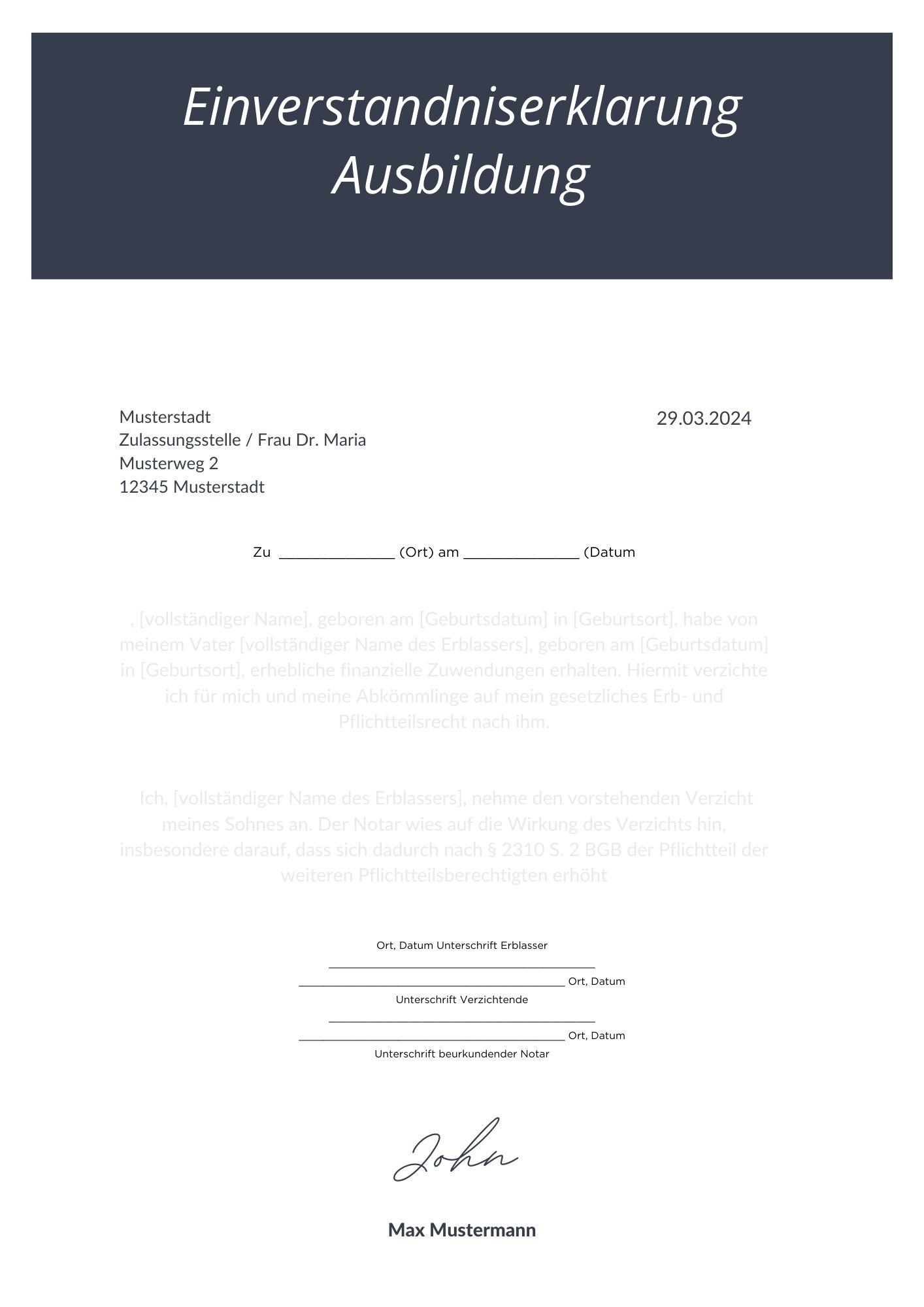 Einverständniserklärung Ausbildung