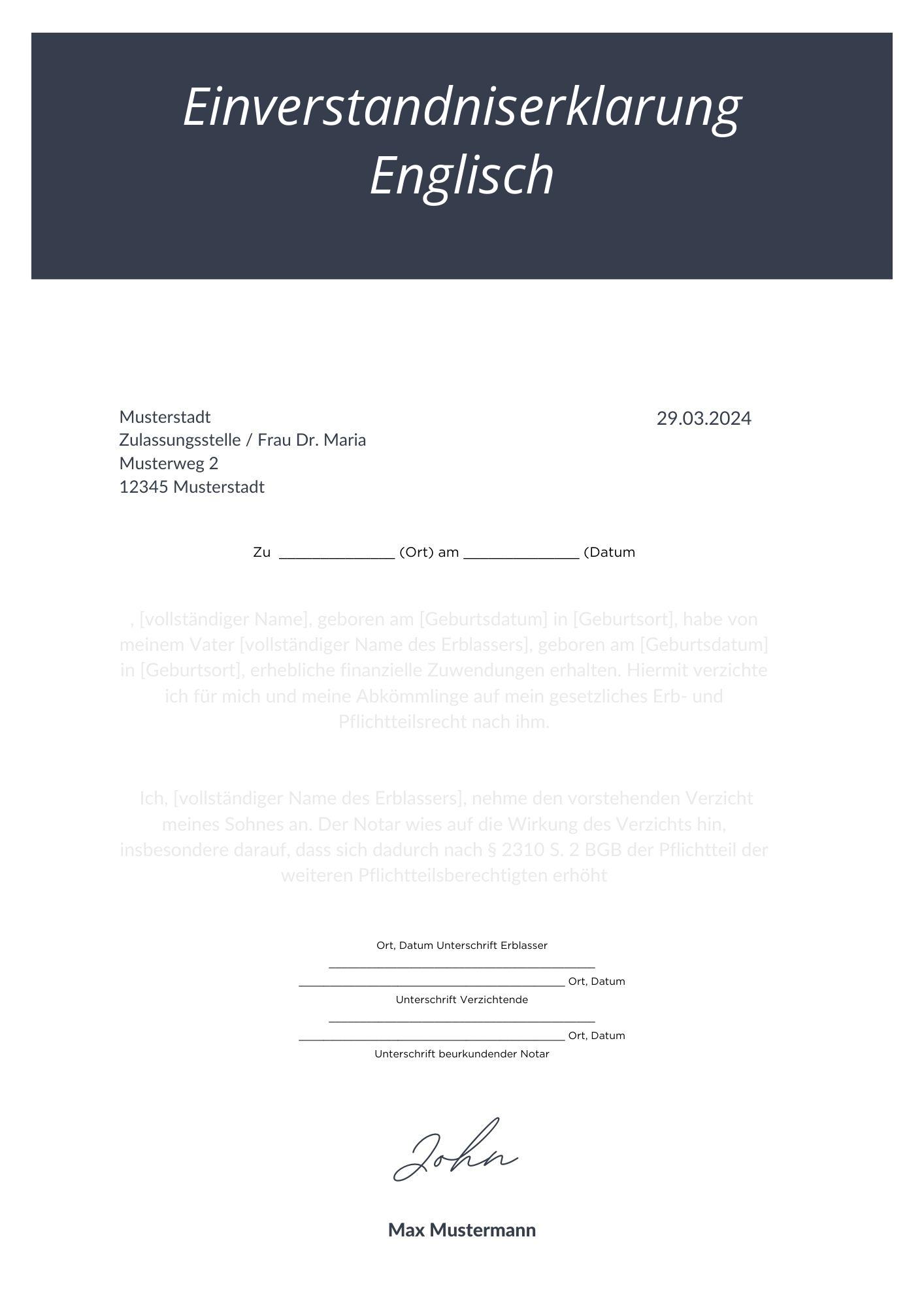 Einverständniserklärung Englisch